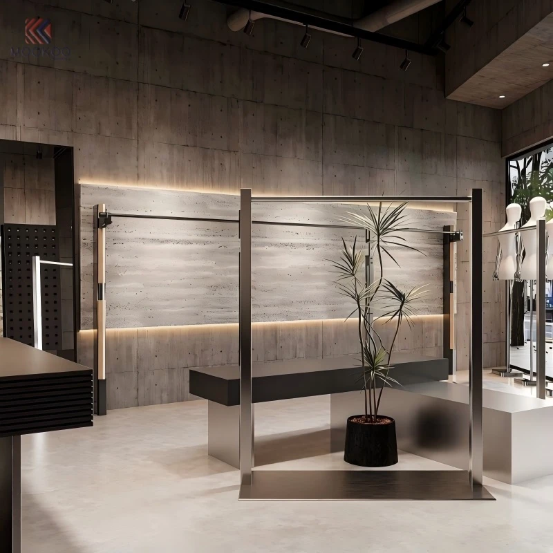 Estante de exhibición de ropa moderno con barniz de acero inoxidable de alta gama, luz LED independiente, accesorio de isla media para ropa, Boutique