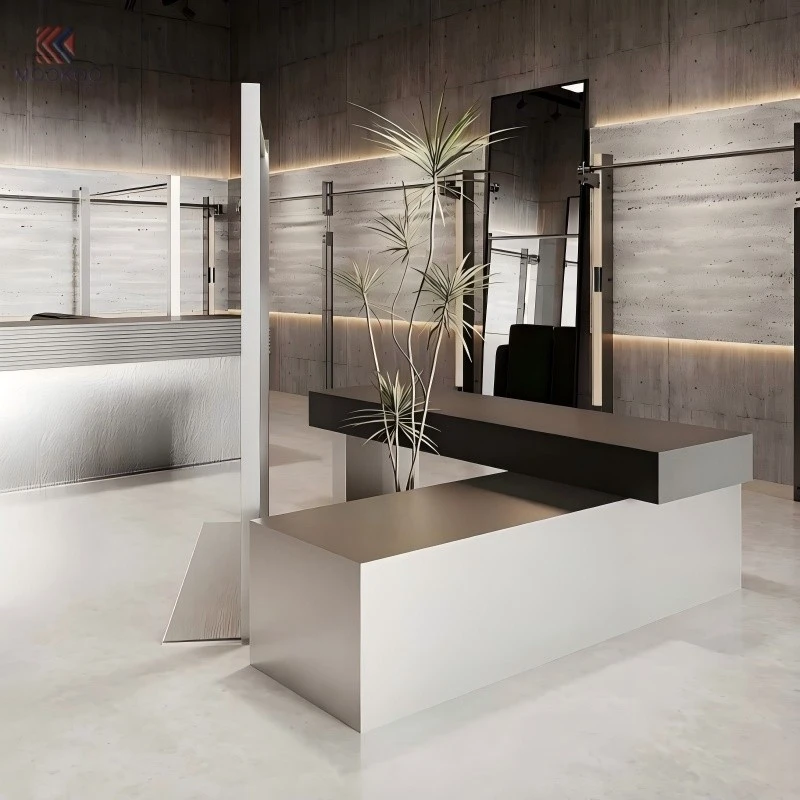 High End Stainless Steel Varnish Modern Clothing Display Rack LED Light Free Standing Garment Middle Island Fixture Boutique factory