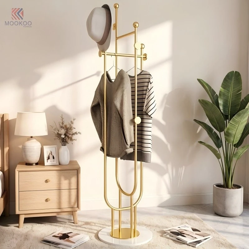 MOOKOO Luxury Gold Metal Floor Coat Rack Marble Base ABS/Acrylic/PVC Hooks Oak/Wood Accents-Modern Style For Easy Assembly high quality