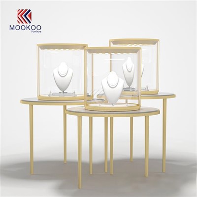 Vitrina de Pedestal redonda de alta calidad, vitrina de cristal al por menor, luz LED, escaparate de exhibición de reloj de moda, Material metálico
