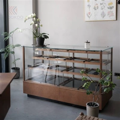 Vitrina minimalista de vidrio y madera