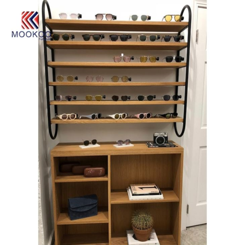 Diseño de exhibición de estante de gafas de metal y madera Gafas